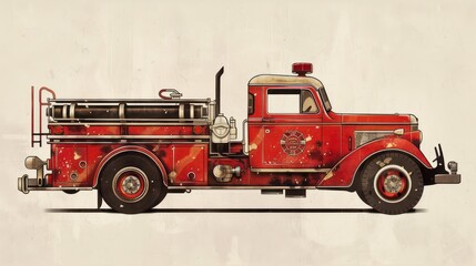 old dirty fire truck on white background