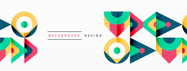 A colorful collection of geometric shapes like triangles, rectangles, circles, and a ball form a vibrant pattern on a white background. Electric blue adds a pop of color to the art