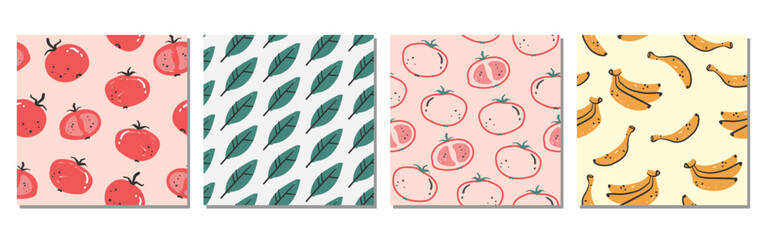 Abstract pattern fruits and leaves. Bright set of fruit patterns in a trendy style. 