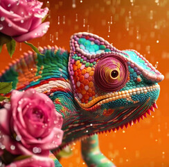 Chameleon on the flower. Beautiful extreme close-up