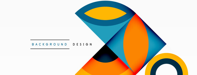 A vibrant geometric design featuring colorful triangles, rectangles, circles, and symmetrical patterns in electric blue tints and shades, all set against a crisp white background