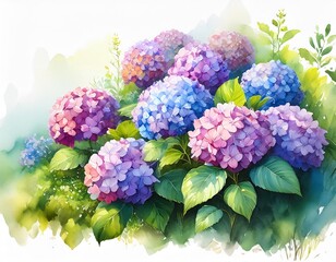 A watercolor painting of Vibrant pink and lilac hydrangea bouquet on white background, showcasing nature's beauty in full bloom