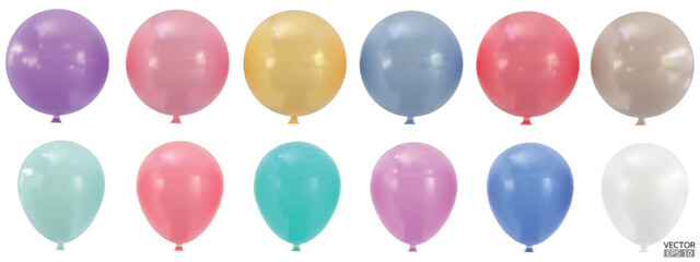 Set of realistic vector colorful balloons isolated on white background. Helium balloons clipart for anniversary, birthday, wedding, party. 3D vector illustration. © vensto