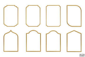 Simple golden geometric frames are isolated on white background. Luxury gold borders for wedding invitations, luxury templates, and decorative patterns. Golden border design. 3D vector illustration.