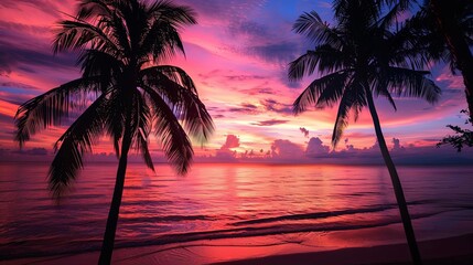 sunset over calm waters with palm trees in the foreground