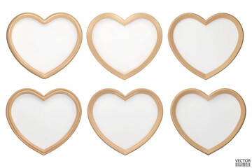 Set of decorative wood hearts. Wooden Heart Shaped Frame. Realistic gloss heart with rim. Elements for Valentines Day, Wedding, Birthday, Anniversary, Mothers Day decoration. 3d vector illustration.