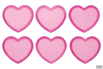 Set of decorative pink hearts. Pink Heart Shaped Frame. 3d realistic heart with rim. Elements for Valentines Day, Wedding, Birthday, Anniversary, Mothers Day decoration. 3d vector illustration.