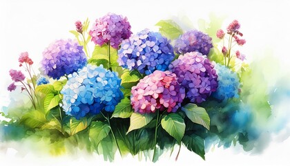 A watercolor painting of of isolated Hydrangeas on white background.