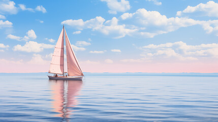 Fototapeta premium A long shot of sailing boat on clean pastel