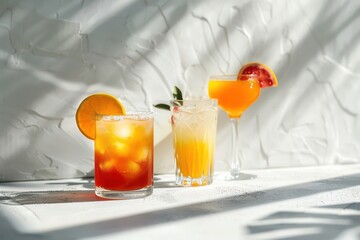 summer cocktails on a concrete surface and a white background