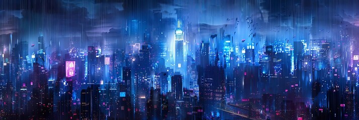 a futuristic cityscape featuring a towering skyscraper, a bustling street, and a bustling river flo