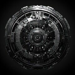 round sci-fi symbol displacement map, black and white on black background