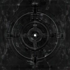 round sci-fi symbol displacement map, black and white on black background