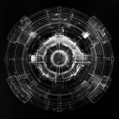 round sci-fi symbol displacement map, black and white on black background