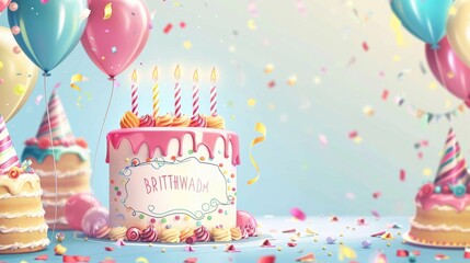 A festive birthday celebration scene with cake balloons and confetti
