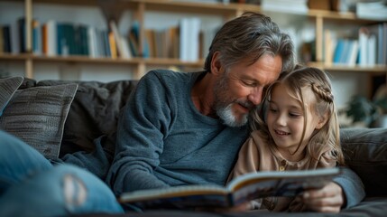 Father and daughter lying on the couch, flipping through a photo album, laughter echoing as they relive memories, embodying familial connection.