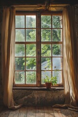 antique wooden window frame adorned with drapes