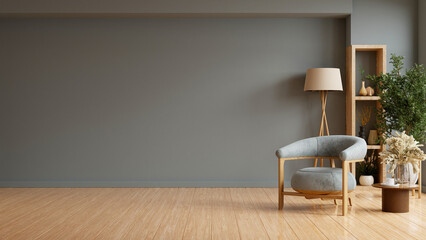 Fototapeta na wymiar Living room with leather armchair on wood flooring and dark blue wall- 3D rendering