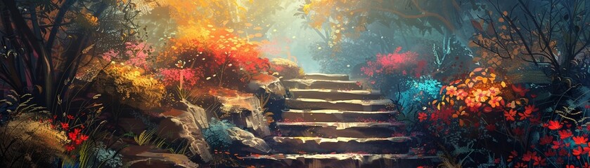 Illustrated artwork of a wooden staircase adorned with vibrant flowers and stones.