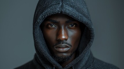 An isolated man in black hoodie with hood up, front view, gray background, soft light and shadow, mysterious atmosphere, detailed texture of the fabric, high resolution photography