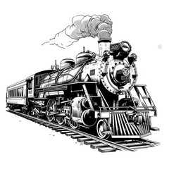 old steam locomotive, black and white draw on white background