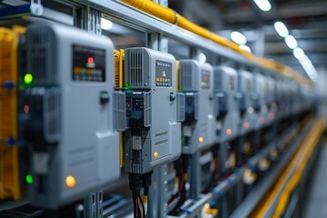 Row of industrial frequency converters in factory setting showcasing advanced automation and manufacturing, Concept of modern industry technology