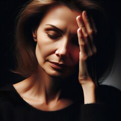 A middle age woman portrait having a headache, with the rim light. The background is black