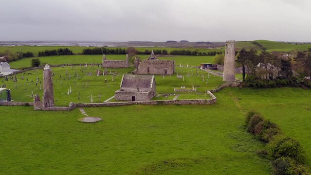 Slow captivating  orbit of Clonmacnoise on an overcast day. No people