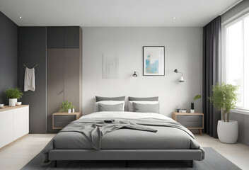 Interior of stylish room with big bed 
