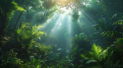 Obraz premium Beautiful green forest with sunlight rays, nature background Green trees in the jungle with sun light and misty fog Beautiful natural landscape of tropical rainforest Nature wallpaper
