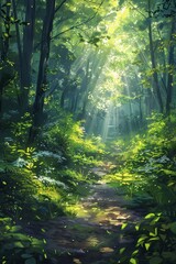 Illustration of a stunning woodland scene with sunlight streaming through the branches, captured in a landscape painting.