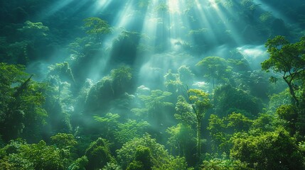 Fototapeta premium Beautiful green forest with sunlight rays, nature background Green trees in the jungle with sun light and misty fog Beautiful natural landscape of tropical rainforest Nature wallpaper