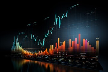 Naklejka premium Detailed stock market chart displaying growth over time, vivid colors, clear labels, dynamic curves, financial aesthetic, perfect for investors and presentations ,ultra HD,digital photography