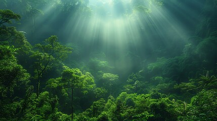 Beautiful green forest with sunlight rays, nature background Green trees in the jungle with sun light and misty fog Beautiful natural landscape of tropical rainforest Nature wallpaper