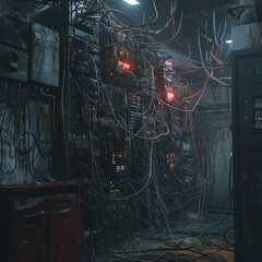 computer cryengine center with many wires and cables, dark ominous industrial paintings 