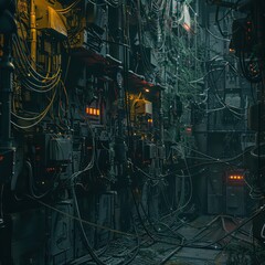 computer cryengine center with many wires and cables, dark ominous industrial paintings 