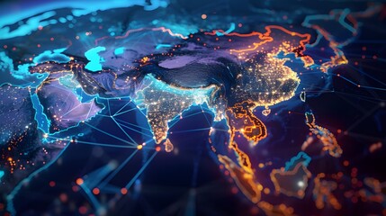 Digital map of Asia, concept of global network and connectivity, data transfer and cyber technology, business exchange, information and telecommunication