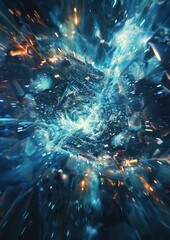 cosmic stars swirl, geometric shapes rushing forward on blue and dark color 