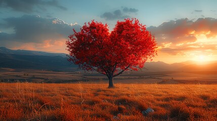 Beautiful red heart shaped tree in the middle of field at sunset Beautiful autumn landscape with golden grass and mountains on background Love concept Valentines Day card, real photo