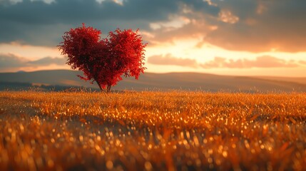 Beautiful red heart shaped tree in the middle of field at sunset Beautiful autumn landscape with golden grass and mountains on background Love concept Valentines Day card, real photo