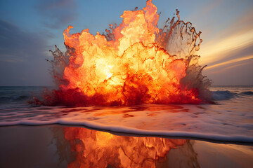 Flaming lava in the sea at sunset time. 3d rendering