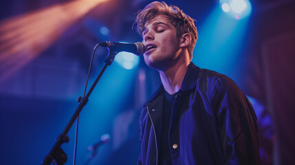 Photo image of a young and handsome 23-year-old Swiss male singer wearing a navy blue jacket and singing at a live house