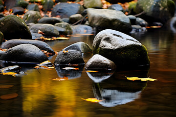 Autumn leaves on the rocks in the river with reflections in the water