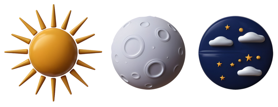 Set of space 3d icons of a sun, moon, and nightsky on a transparent background, png