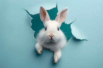 A rabbit jumping from a ripped opening in a cracked teal surface. AI created.