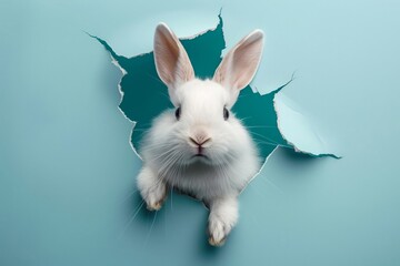 Obraz premium A rabbit jumping from a ripped opening in a cracked teal surface. AI created.