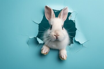 A rabbit jumping from a ripped opening in a cracked teal surface. AI created.