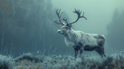 Beautiful white reindeer in a misty winter forest, on a foggy morning, with cold air and a cold blue colored background, rendered in the style of a photo realistic and detailed artist.