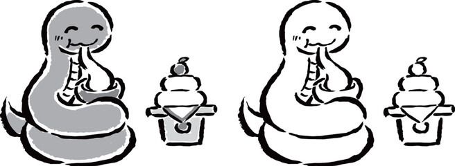 お正月にお餅を食べる巳（へび）　筆タッチ手描きイラスト	モノクロ・線画セット
