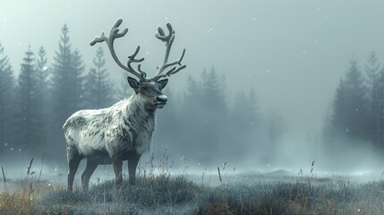 Beautiful white reindeer in a misty winter forest, on a foggy morning, with cold air and a cold blue colored background, rendered in the style of a photo realistic and detailed artist.